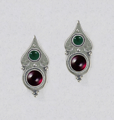 Sterling Silver Gothic Look Post Stud Earrings With Garnet And Fluorite